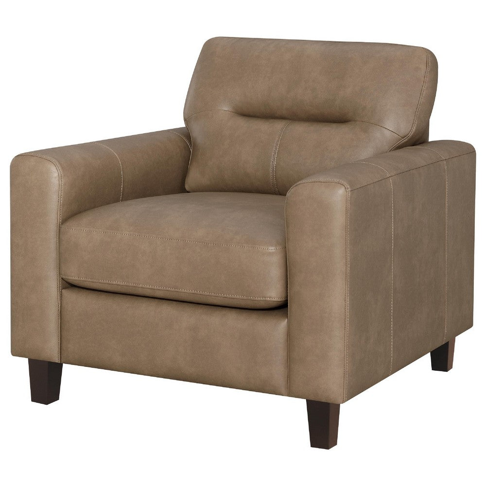 Benjara Secy Sofa Chair, Brown Faux Leather, Track Arms, Pine Wood Frame