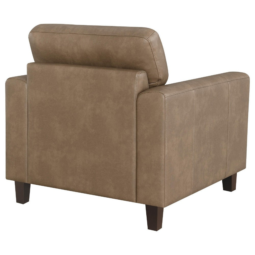 Benjara Secy Sofa Chair, Brown Faux Leather, Track Arms, Pine Wood Frame