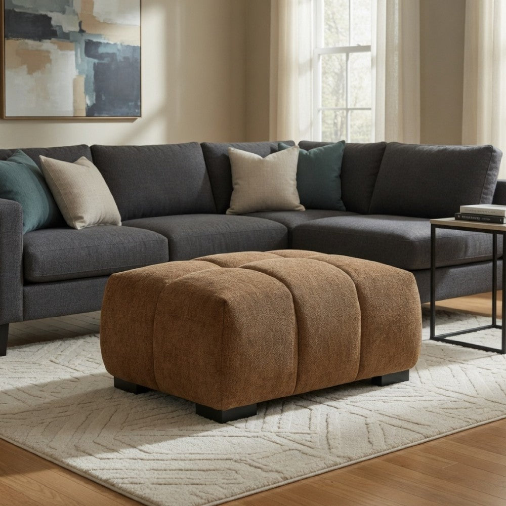 Benjara Hecy Ottoman, Grid Tufted, Plush Amber Brown Upholstery, 39 Inch