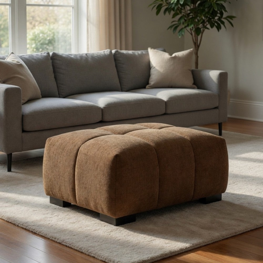Benjara Hecy Ottoman, Grid Tufted, Plush Amber Brown Upholstery, 39 Inch