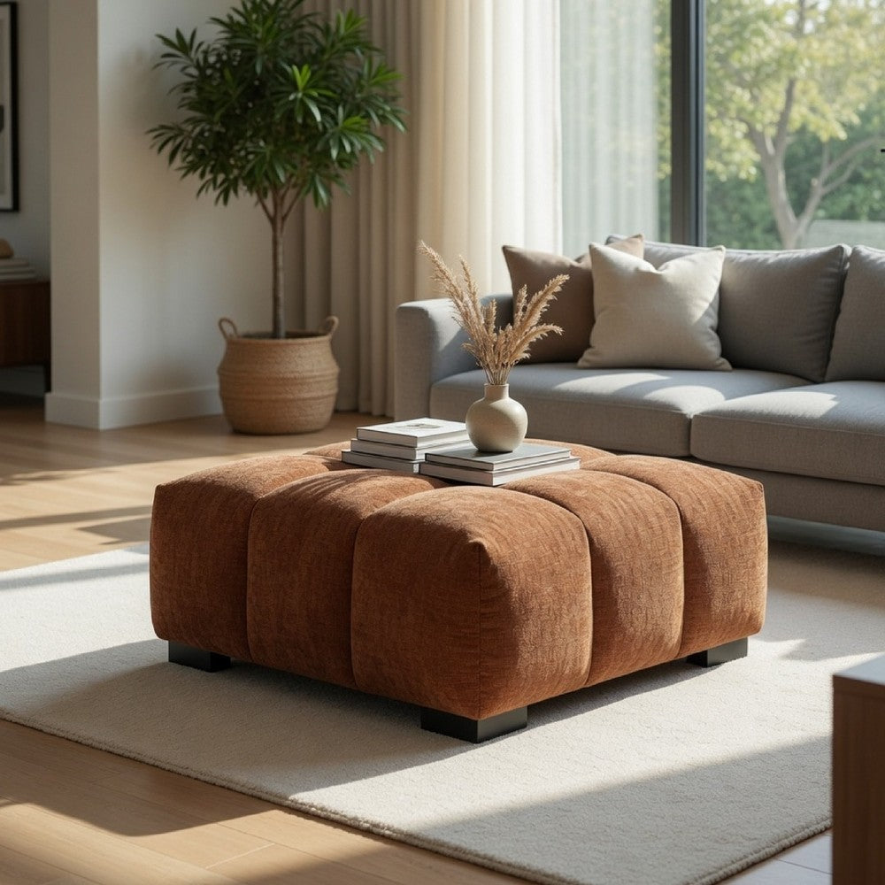 Benjara Hecy Ottoman, Grid Tufted, Plush Orange Upholstery, 39 Inch