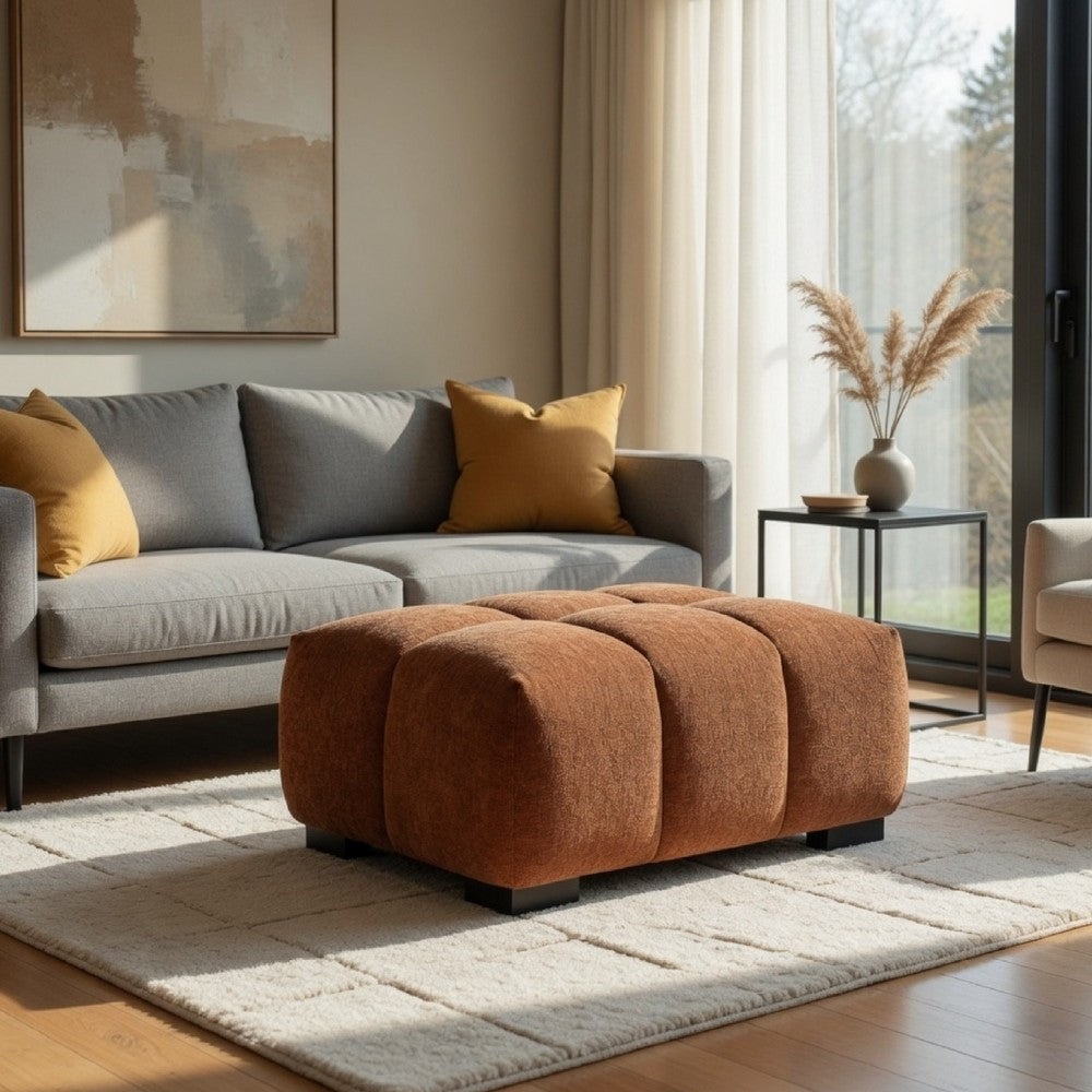 Benjara Hecy Ottoman, Grid Tufted, Plush Orange Upholstery, 39 Inch
