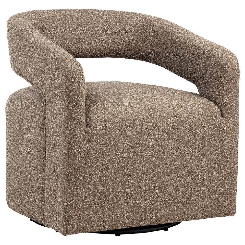 Benjara Hill Swivel Accent Chair, Barrel Back, Foam Fill Rocky Road Brown Boucle