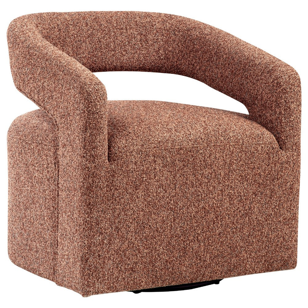 Benjara Hill Swivel Accent Chair, Barrel Back, Foam Fill Red Brown Boucle Fabric