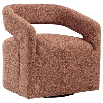Benjara Hill Swivel Accent Chair, Barrel Back, Foam Fill Red Brown Boucle Fabric