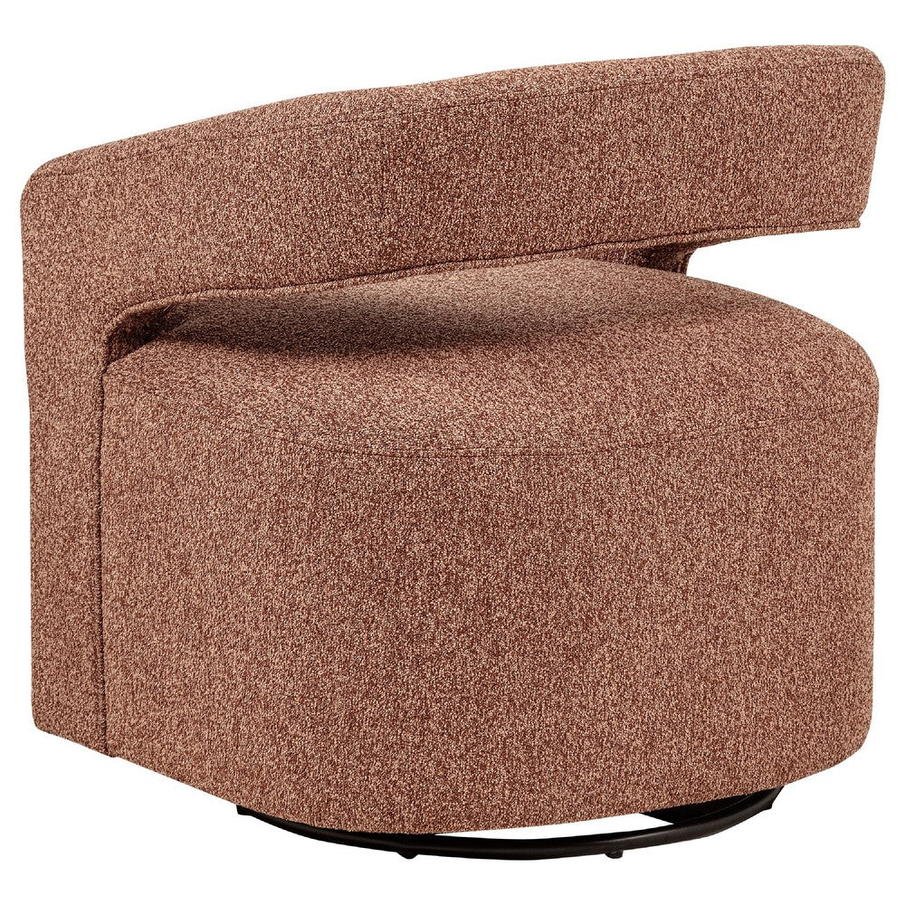 Benjara Hill Swivel Accent Chair, Barrel Back, Foam Fill Red Brown Boucle Fabric