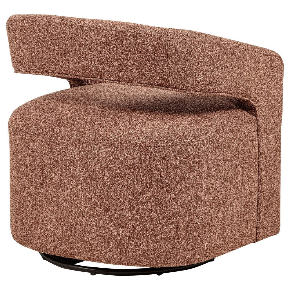 Benjara Hill Swivel Accent Chair, Barrel Back, Foam Fill Red Brown Boucle Fabric