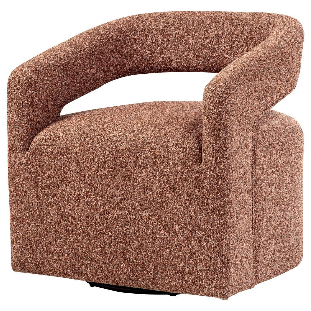 Benjara Hill Swivel Accent Chair, Barrel Back, Foam Fill Red Brown Boucle Fabric