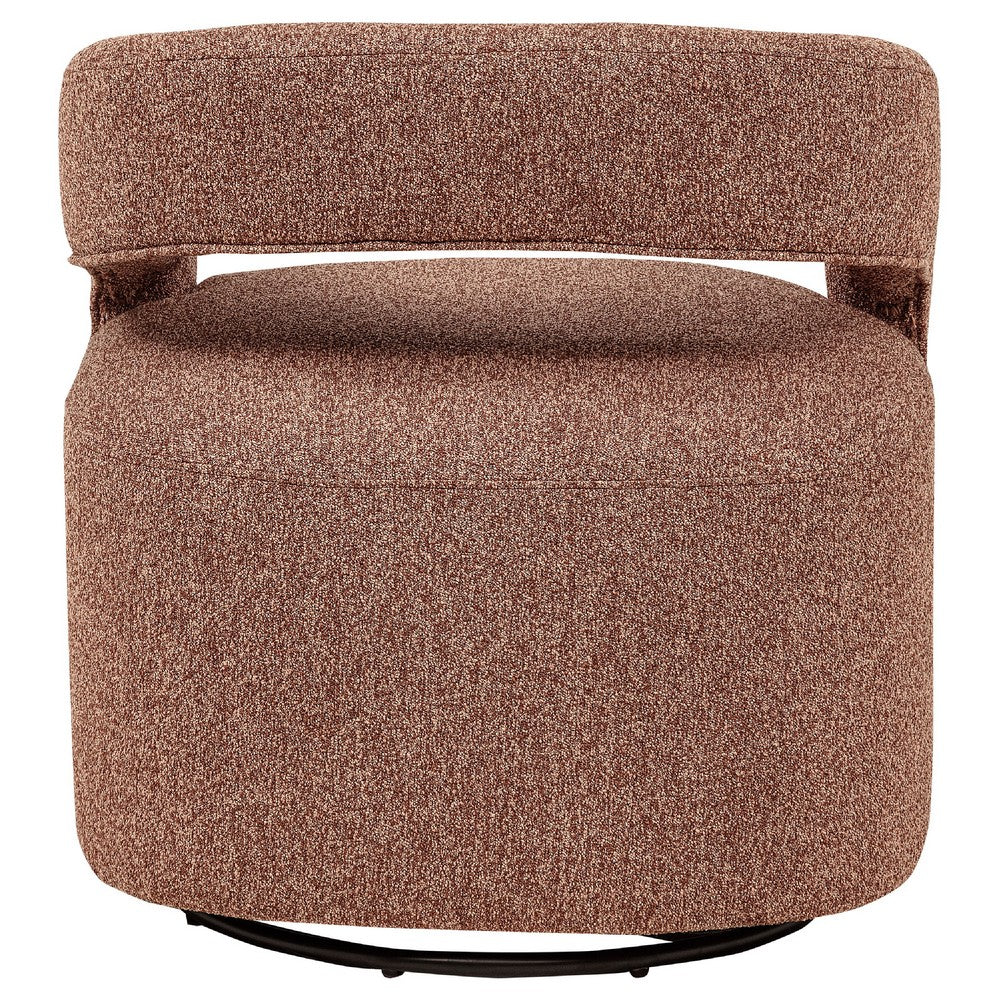Benjara Hill Swivel Accent Chair, Barrel Back, Foam Fill Red Brown Boucle Fabric