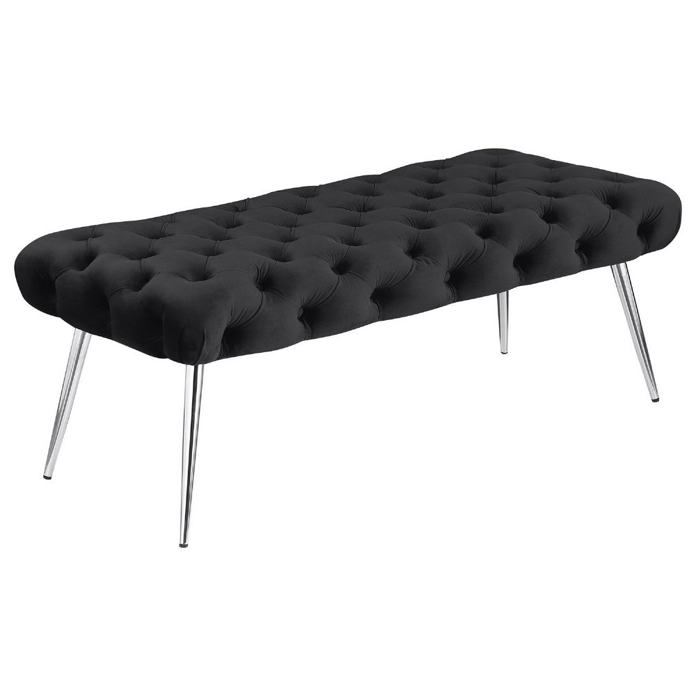 Benjara Lila Bench, Foam Seat, Button Tufted Black Velvet, Chrome Legs 47 Inch