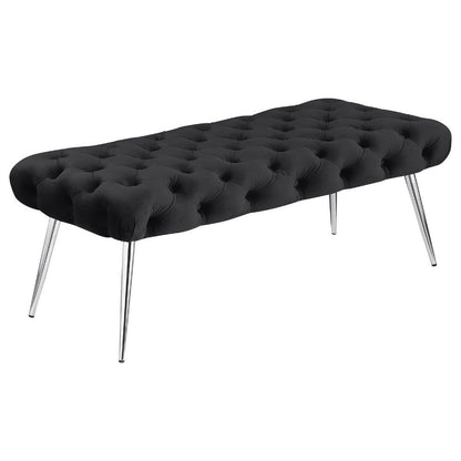 Benjara Lila Bench, Foam Seat, Button Tufted Black Velvet, Chrome Legs 47 Inch