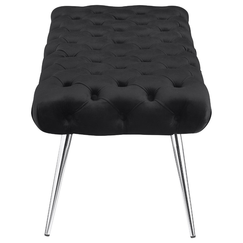 Benjara Lila Bench, Foam Seat, Button Tufted Black Velvet, Chrome Legs 47 Inch