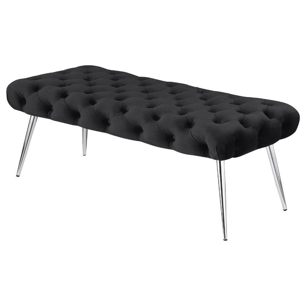 Benjara Lila Bench, Foam Seat, Button Tufted Black Velvet, Chrome Legs 47 Inch