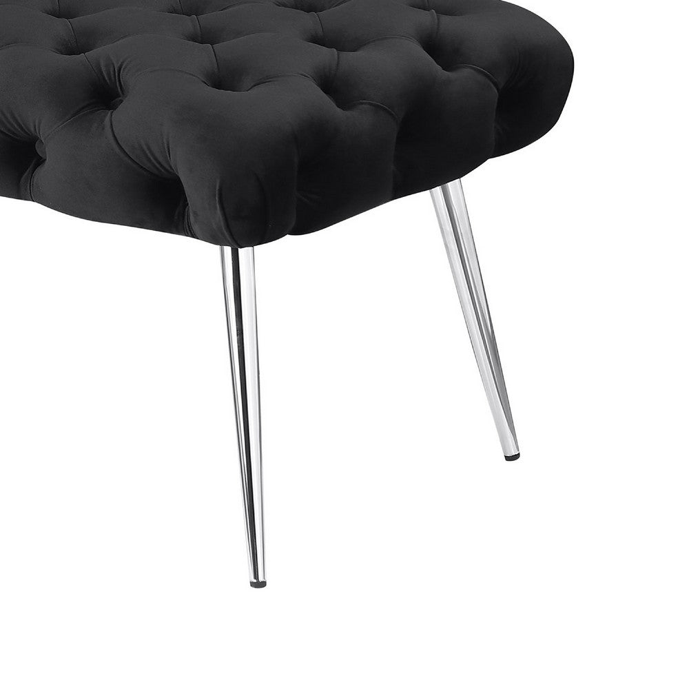 Benjara Lila Bench, Foam Seat, Button Tufted Black Velvet, Chrome Legs 47 Inch