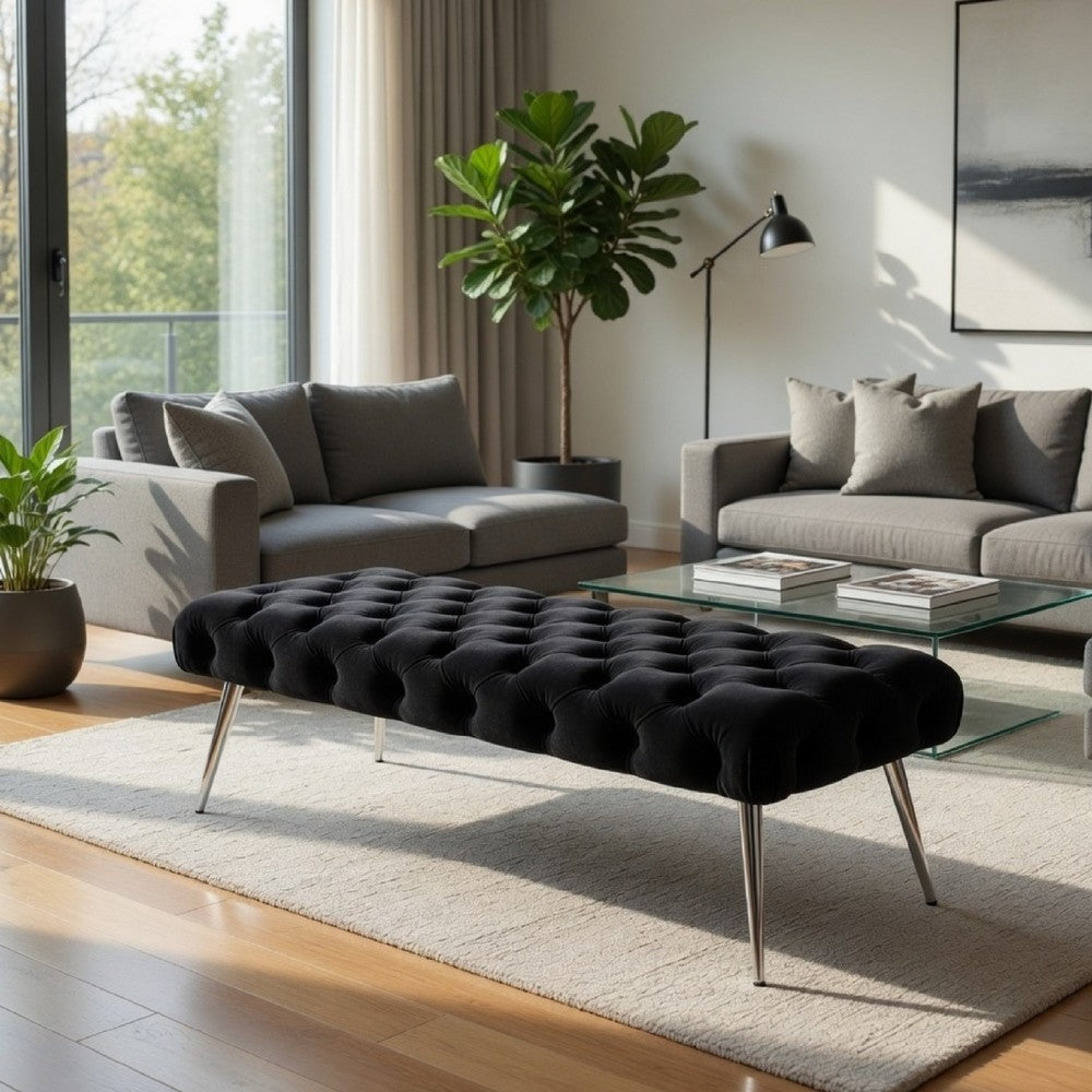 Benjara Lila Bench, Foam Seat, Button Tufted Black Velvet, Chrome Legs 47 Inch