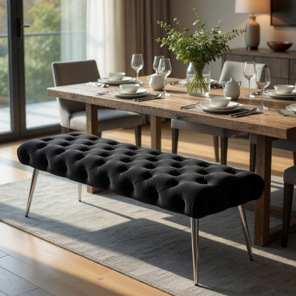 Benjara Lila Bench, Foam Seat, Button Tufted Black Velvet, Chrome Legs 47 Inch