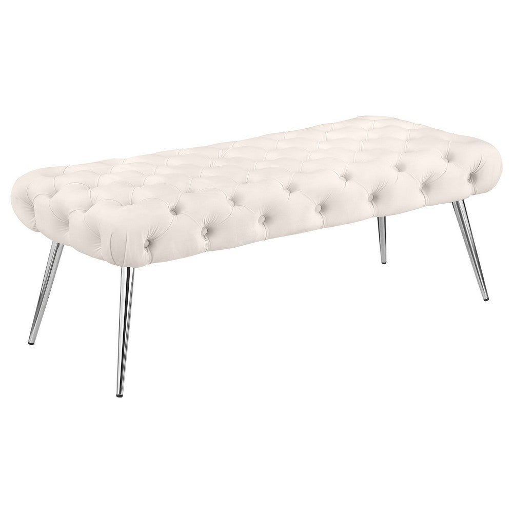 Benjara Lila Bench, Foam Seat, Button Tufted Ivory Velvet, Chrome Legs 47 Inch