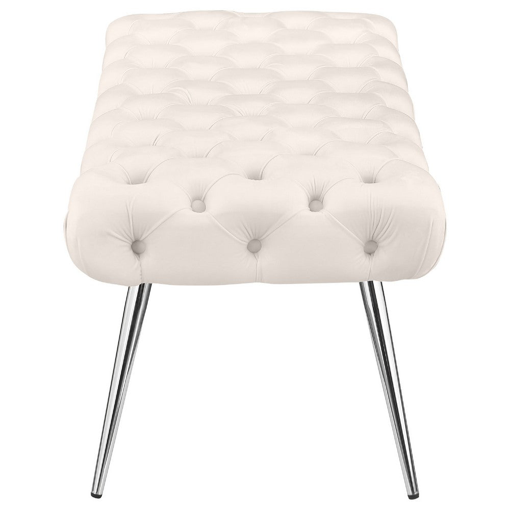 Benjara Lila Bench, Foam Seat, Button Tufted Ivory Velvet, Chrome Legs 47 Inch