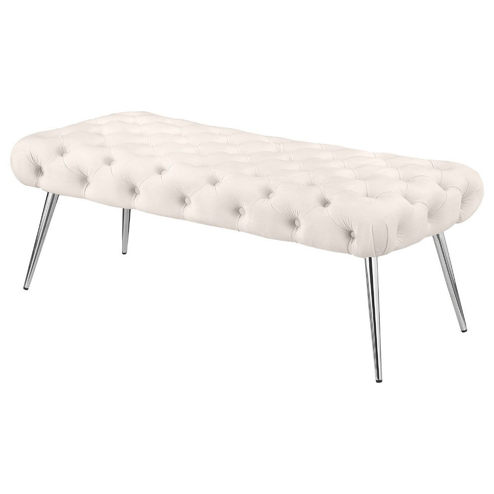 Benjara Lila Bench, Foam Seat, Button Tufted Ivory Velvet, Chrome Legs 47 Inch