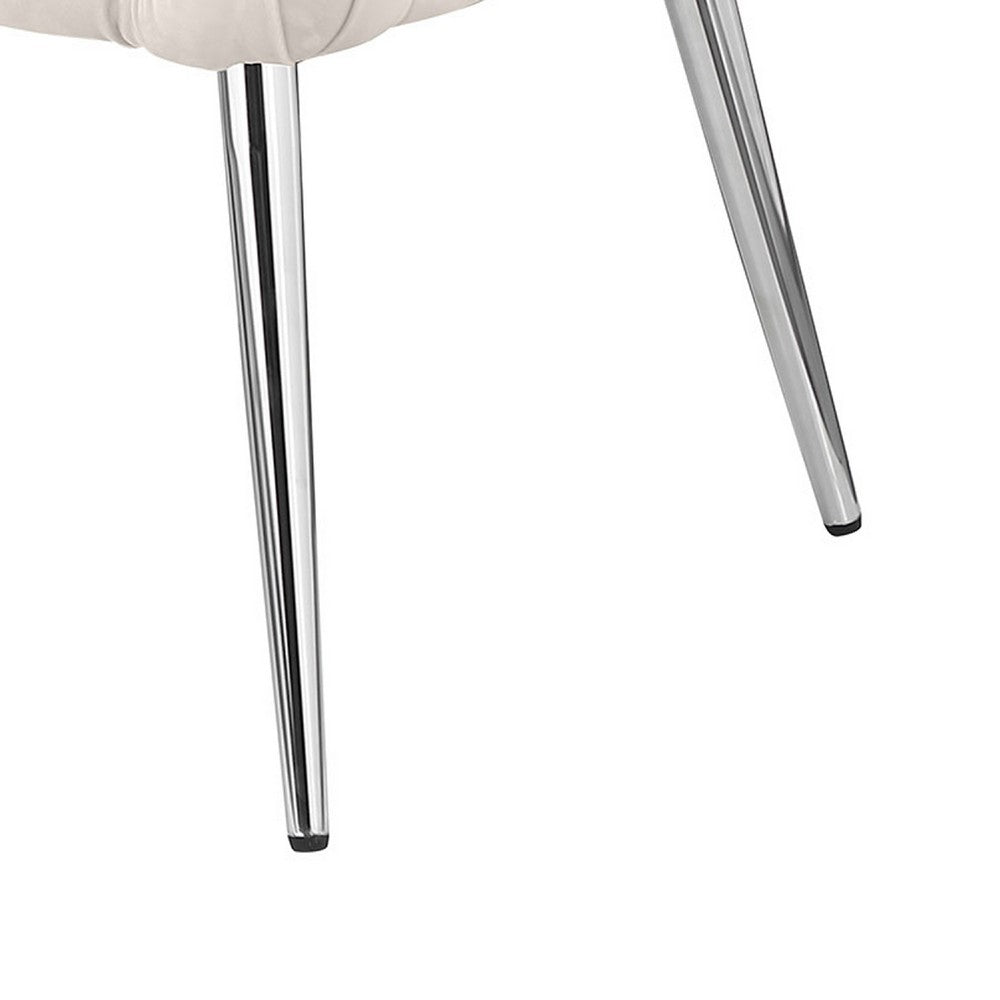 Benjara Lila Bench, Foam Seat, Button Tufted Ivory Velvet, Chrome Legs 47 Inch