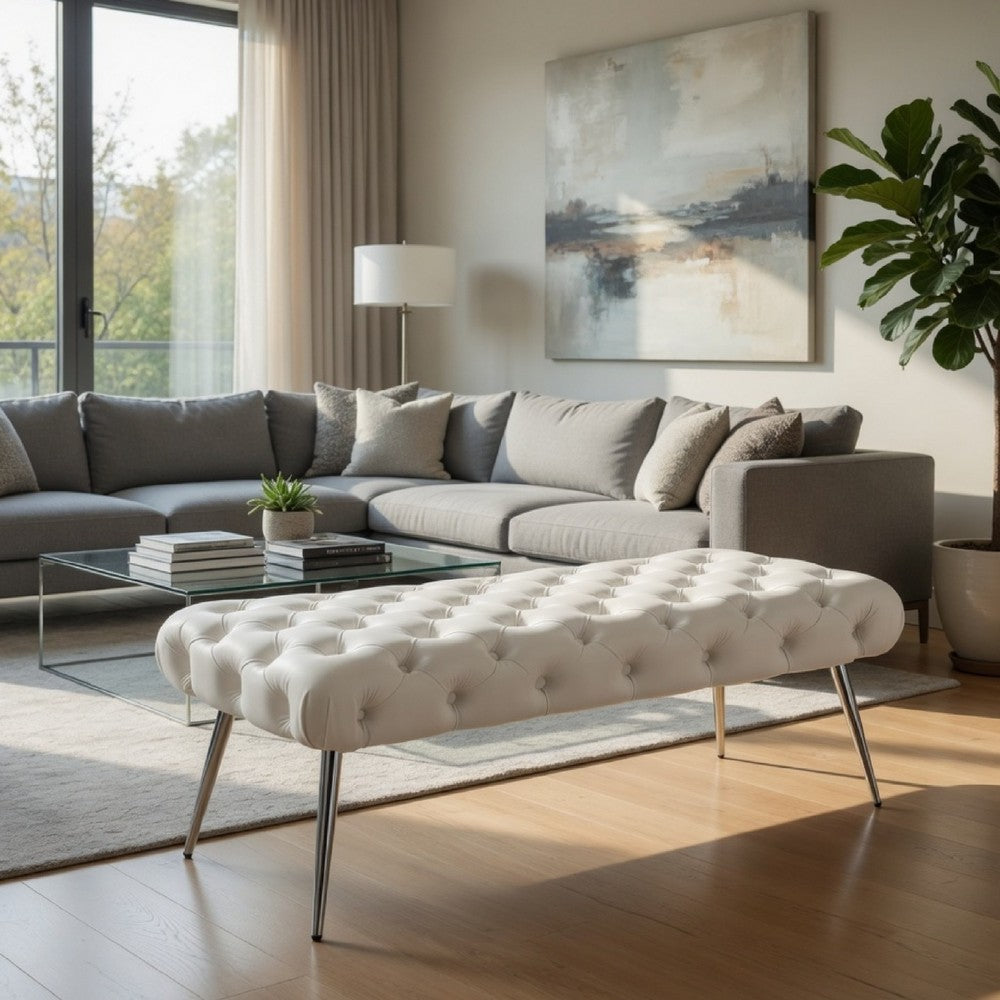 Benjara Lila Bench, Foam Seat, Button Tufted Ivory Velvet, Chrome Legs 47 Inch