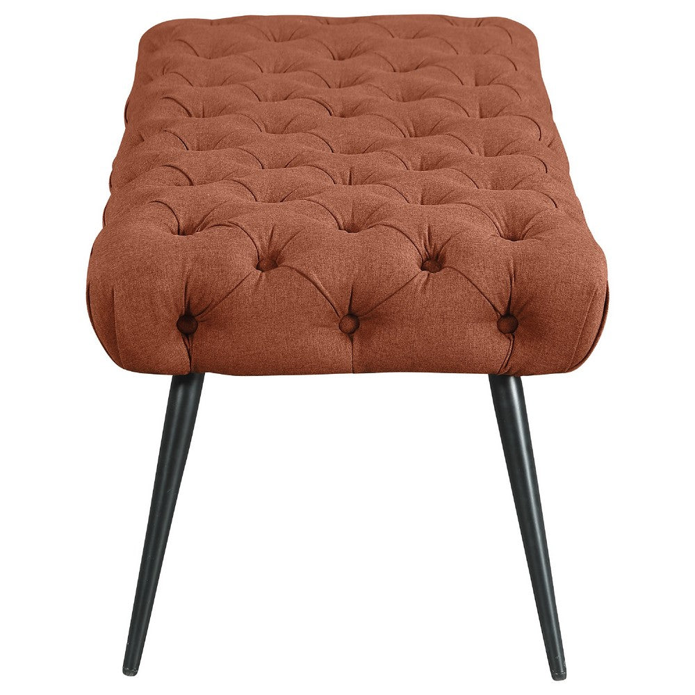 Benjara Lila Bench, Foam Seat, Tufted Rust Orange Fabric, Black Legs 47 Inch
