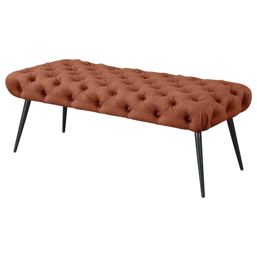 Benjara Lila Bench, Foam Seat, Tufted Rust Orange Fabric, Black Legs 47 Inch
