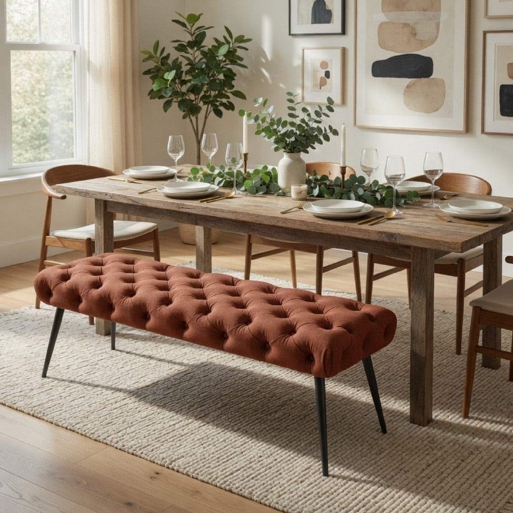 Benjara Lila Bench, Foam Seat, Tufted Rust Orange Fabric, Black Legs 47 Inch