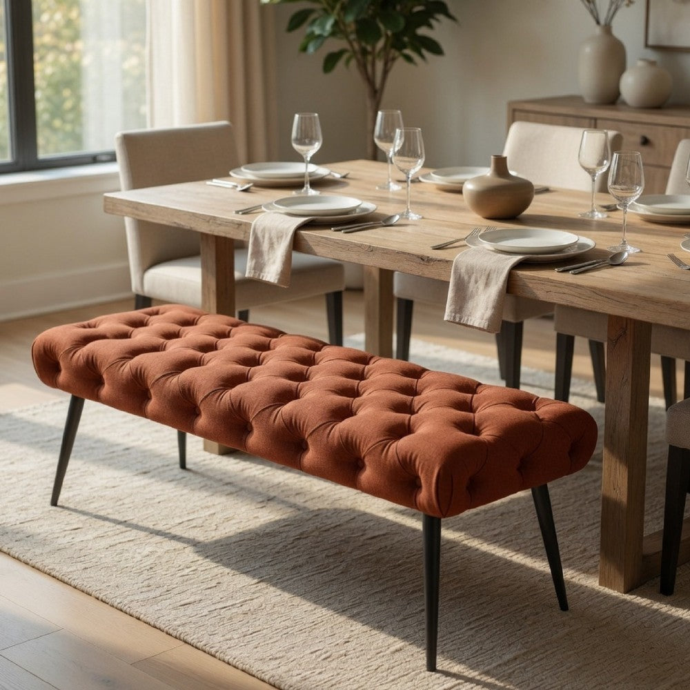 Benjara Lila Bench, Foam Seat, Tufted Rust Orange Fabric, Black Legs 47 Inch