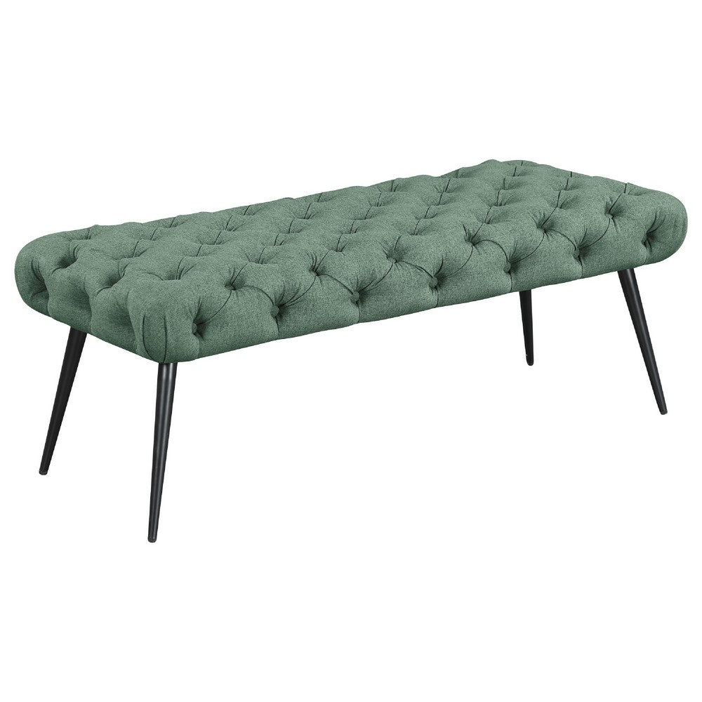 Benjara Lila Bench, Foam Seat, Tufted Teal Green Fabric, Black Legs 47 Inch