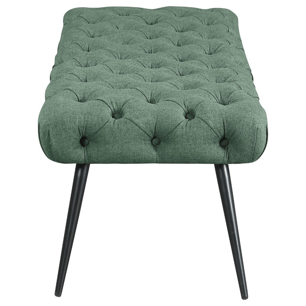 Benjara Lila Bench, Foam Seat, Tufted Teal Green Fabric, Black Legs 47 Inch