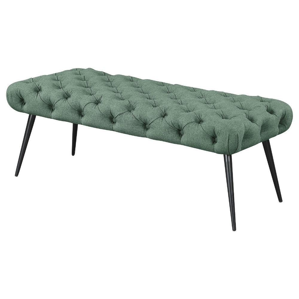 Benjara Lila Bench, Foam Seat, Tufted Teal Green Fabric, Black Legs 47 Inch