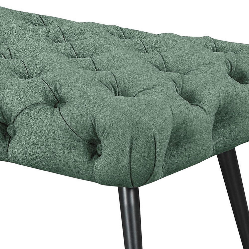 Benjara Lila Bench, Foam Seat, Tufted Teal Green Fabric, Black Legs 47 Inch