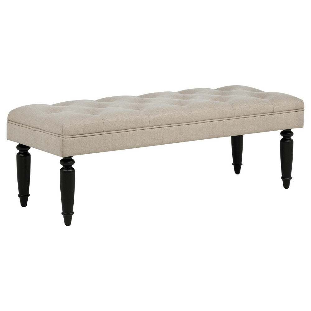 Benjara Rasa Accent Bench, Tufted Latte Brown Fabric, Black Turned Legs 52 Inch