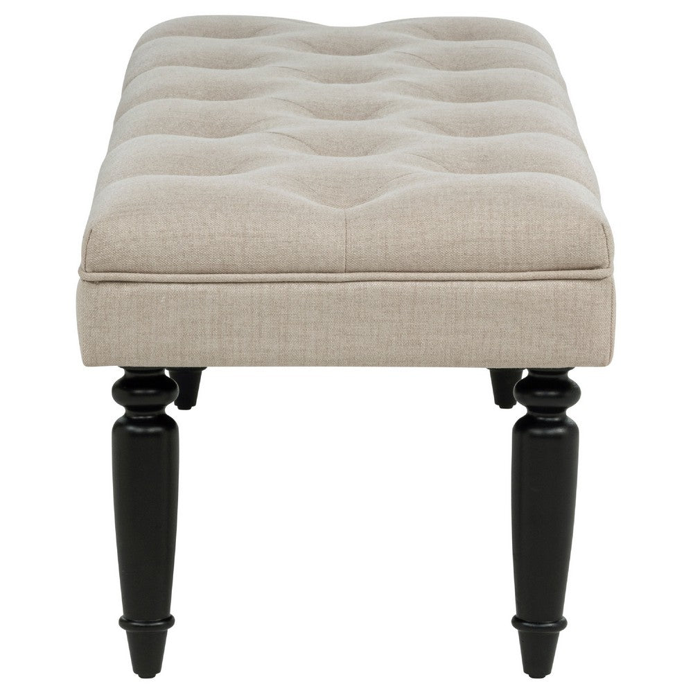 Benjara Rasa Accent Bench, Tufted Latte Brown Fabric, Black Turned Legs 52 Inch