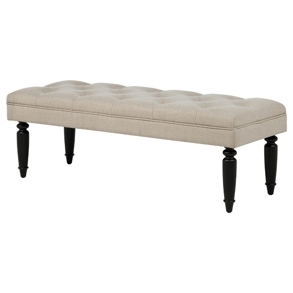 Benjara Rasa Accent Bench, Tufted Latte Brown Fabric, Black Turned Legs 52 Inch