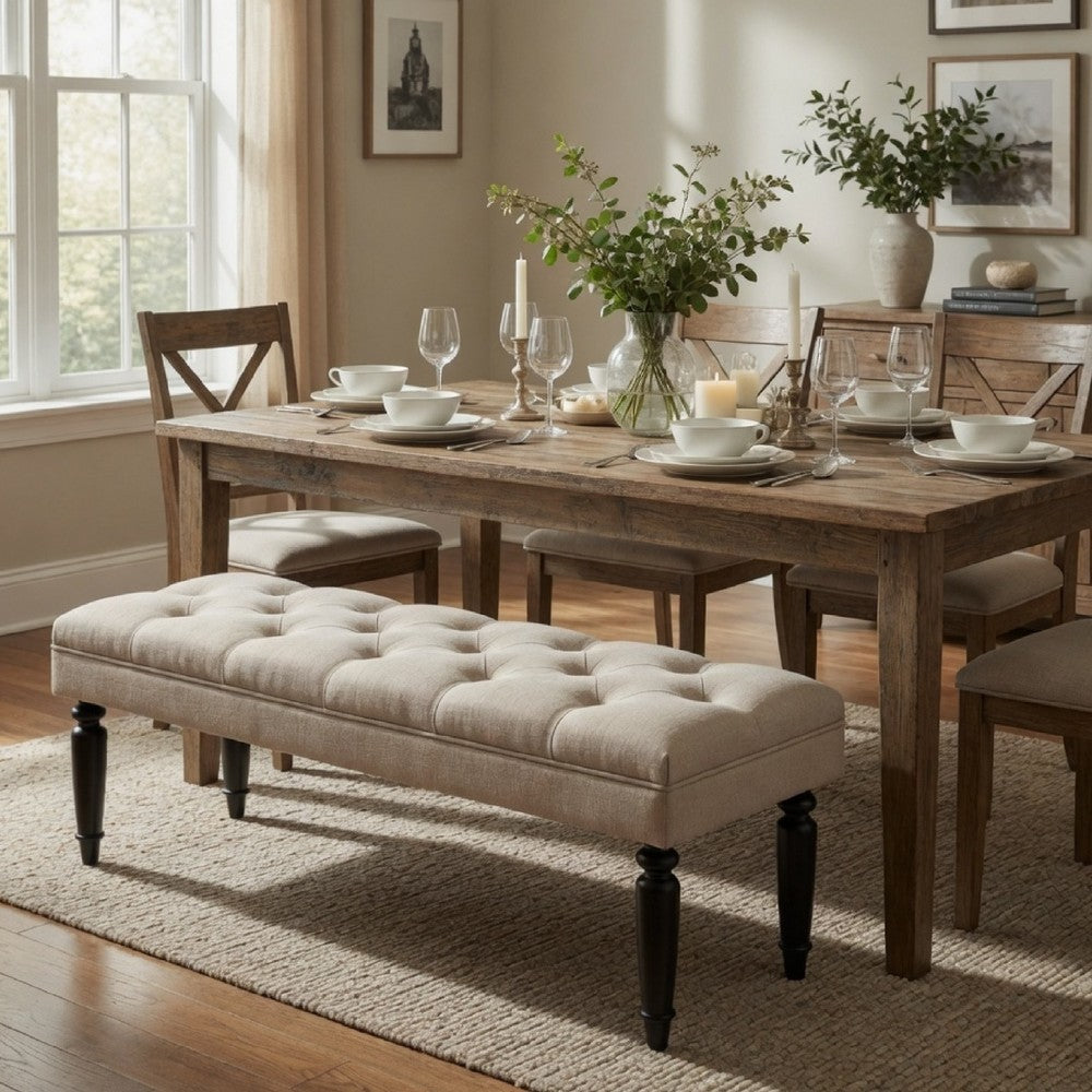 Benjara Rasa Accent Bench, Tufted Latte Brown Fabric, Black Turned Legs 52 Inch