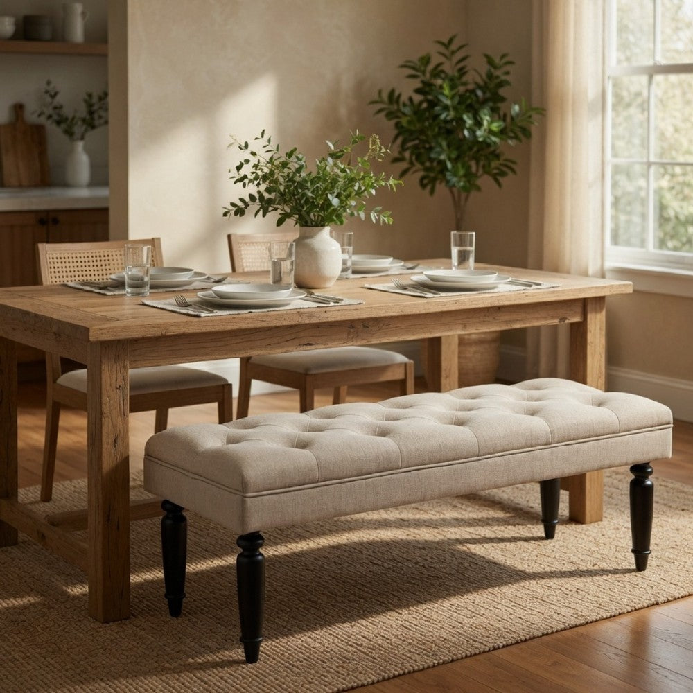 Benjara Rasa Accent Bench, Tufted Latte Brown Fabric, Black Turned Legs 52 Inch