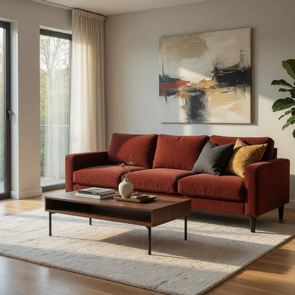 Benjara Rumi 3 Seater Sofa, Track Arms, Foam Fill Rust Red Upholstery 77 Inch