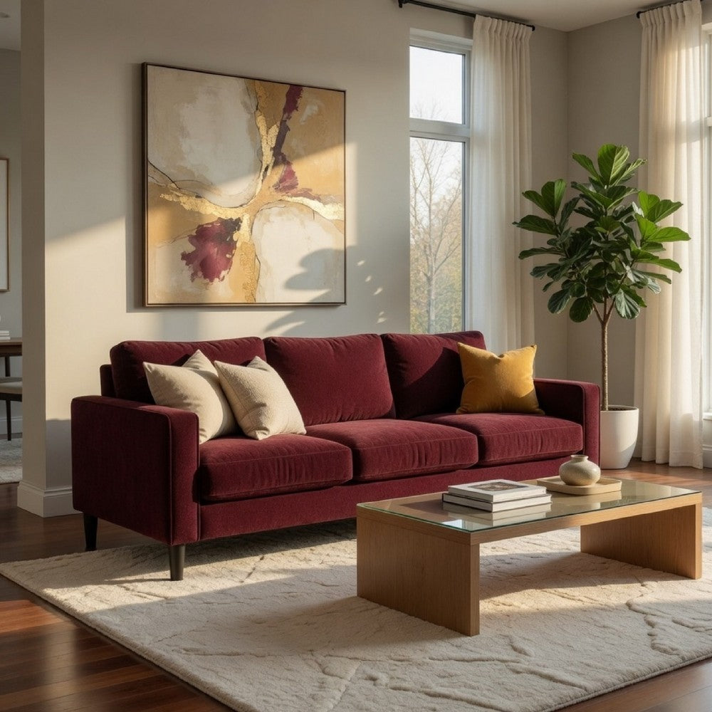 Benjara Rumi 3 Seater Sofa, Track Arms, Foam Fill Rust Red Upholstery 77 Inch
