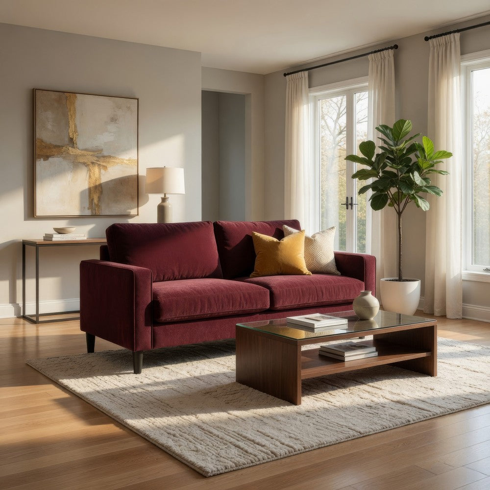 Benjara Rumi Loveseat, Track Arms w Piping, Foam Fill Rust Red Upholstery 54 Inch