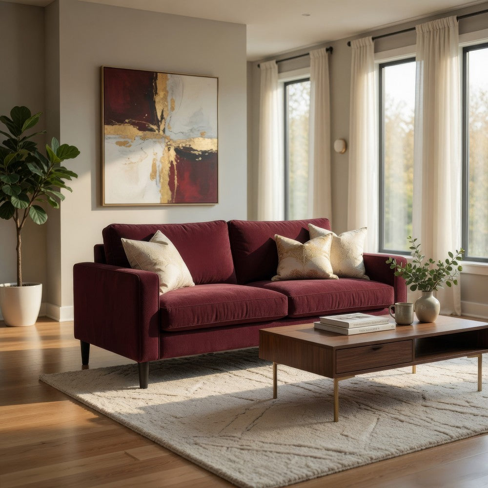 Benjara Rumi Loveseat, Track Arms w Piping, Foam Fill Rust Red Upholstery 54 Inch