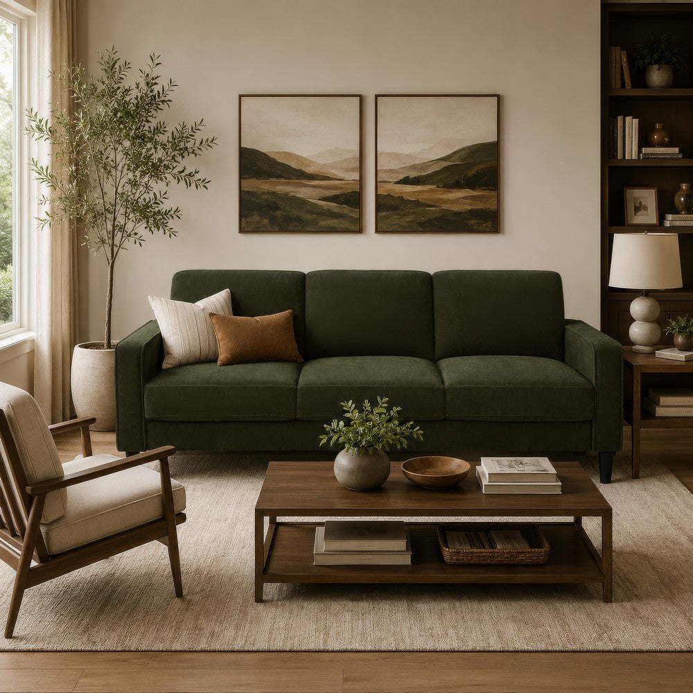 Benjara Rumi 3 Seater Sofa, Track Arms, Foam Fill Matcha Green Upholstery 77 Inch