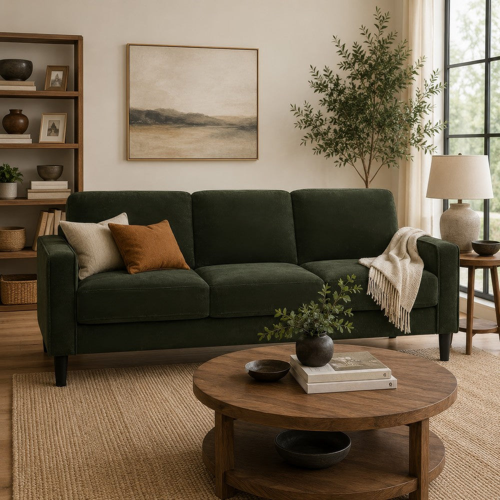 Benjara Rumi 3 Seater Sofa, Track Arms, Foam Fill Matcha Green Upholstery 77 Inch