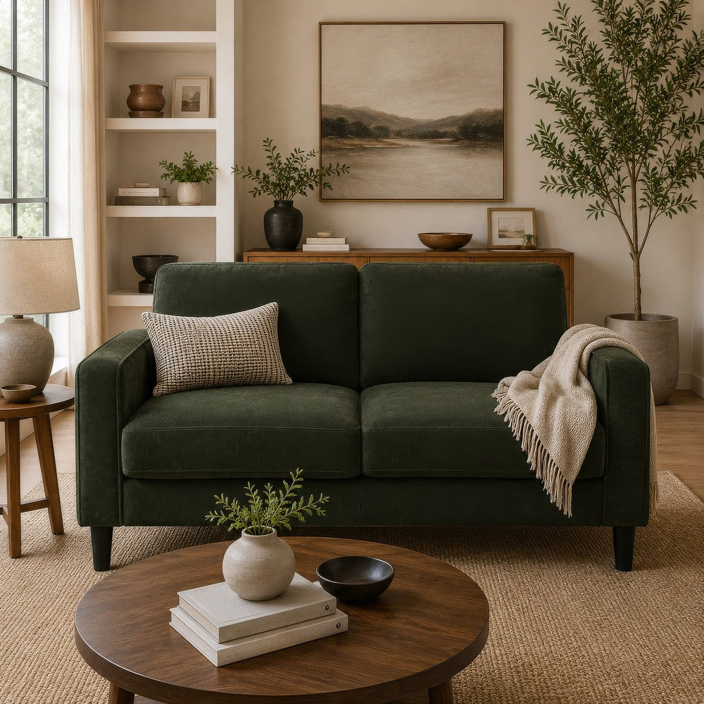 Benjara Rumi Loveseat, Track Arms w Piping, Foam Fill Matcha Green Upholstery 54 Inch