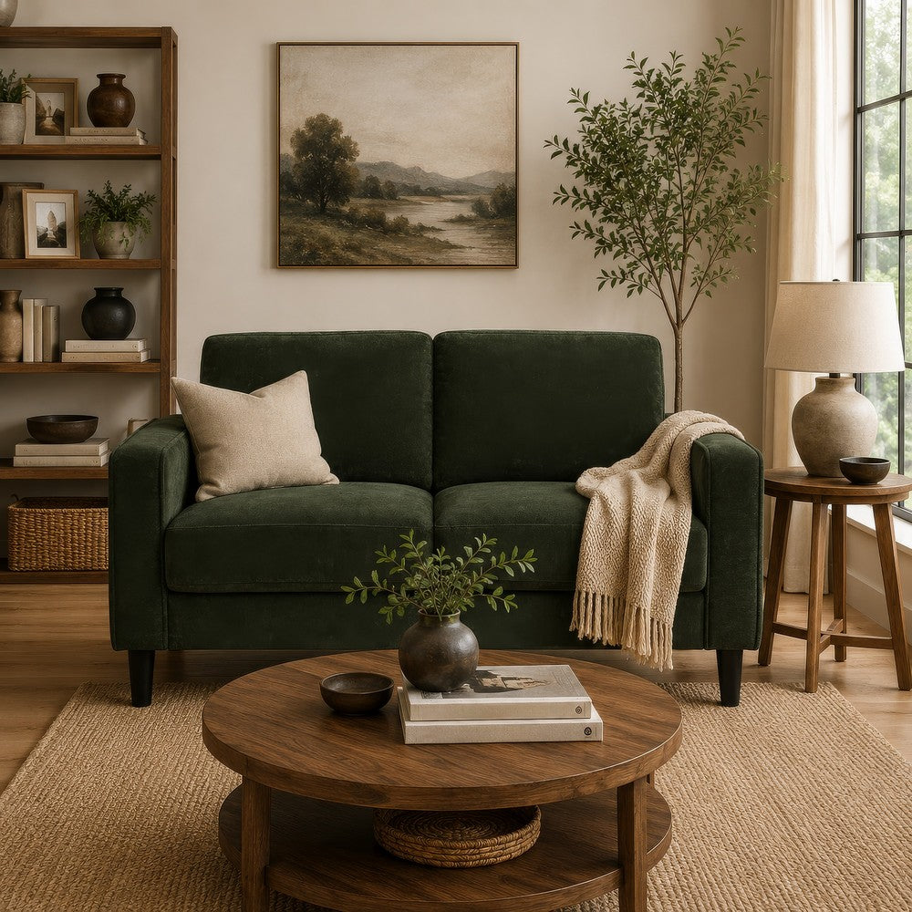 Benjara Rumi Loveseat, Track Arms w Piping, Foam Fill Matcha Green Upholstery 54 Inch
