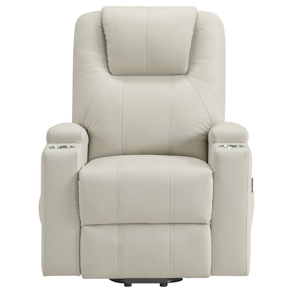 Benjara Stoy Power Lift Recliner Chair, Heat And Massage, Ivory Faux Leather