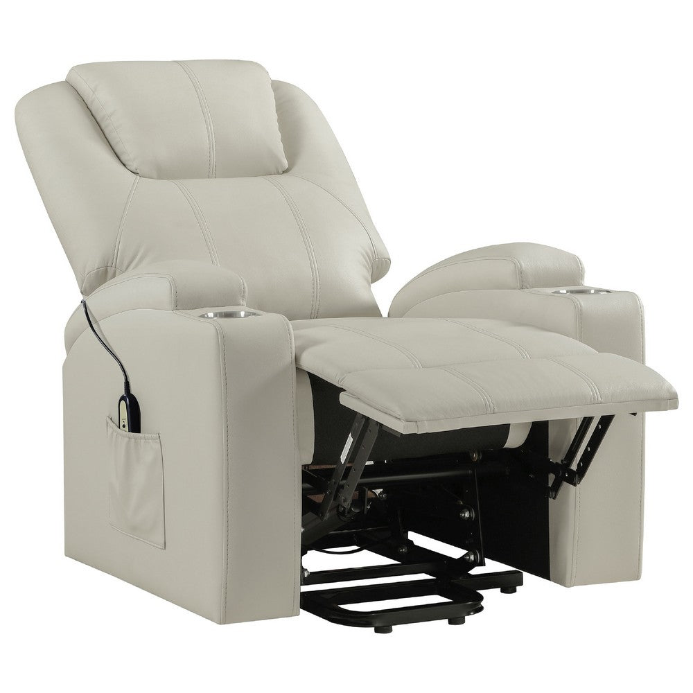 Benjara Stoy Power Lift Recliner Chair, Heat And Massage, Ivory Faux Leather
