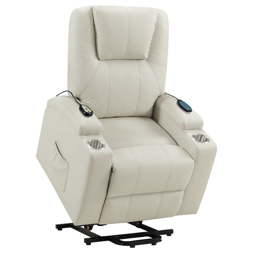Benjara Stoy Power Lift Recliner Chair, Heat And Massage, Ivory Faux Leather
