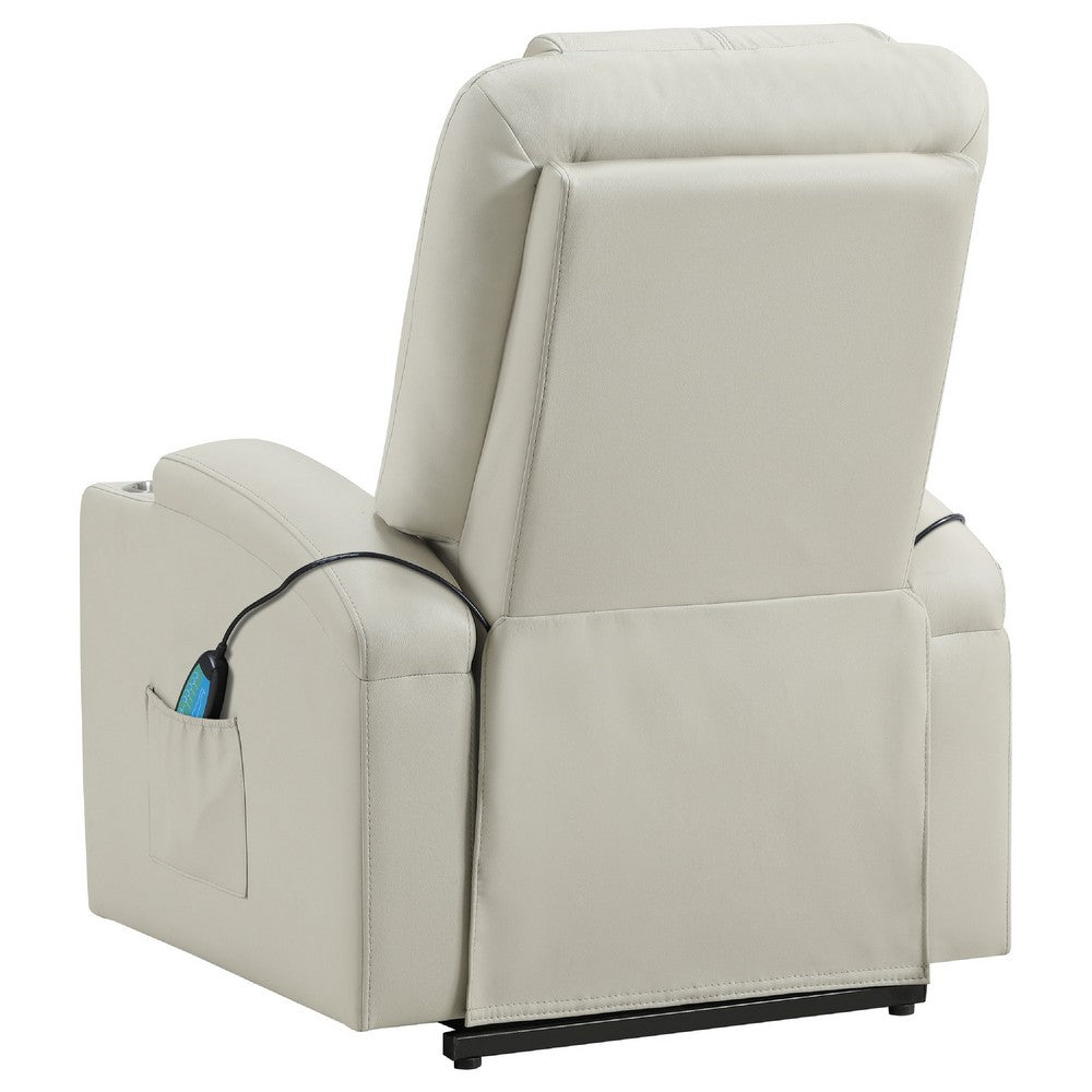 Benjara Stoy Power Lift Recliner Chair, Heat And Massage, Ivory Faux Leather